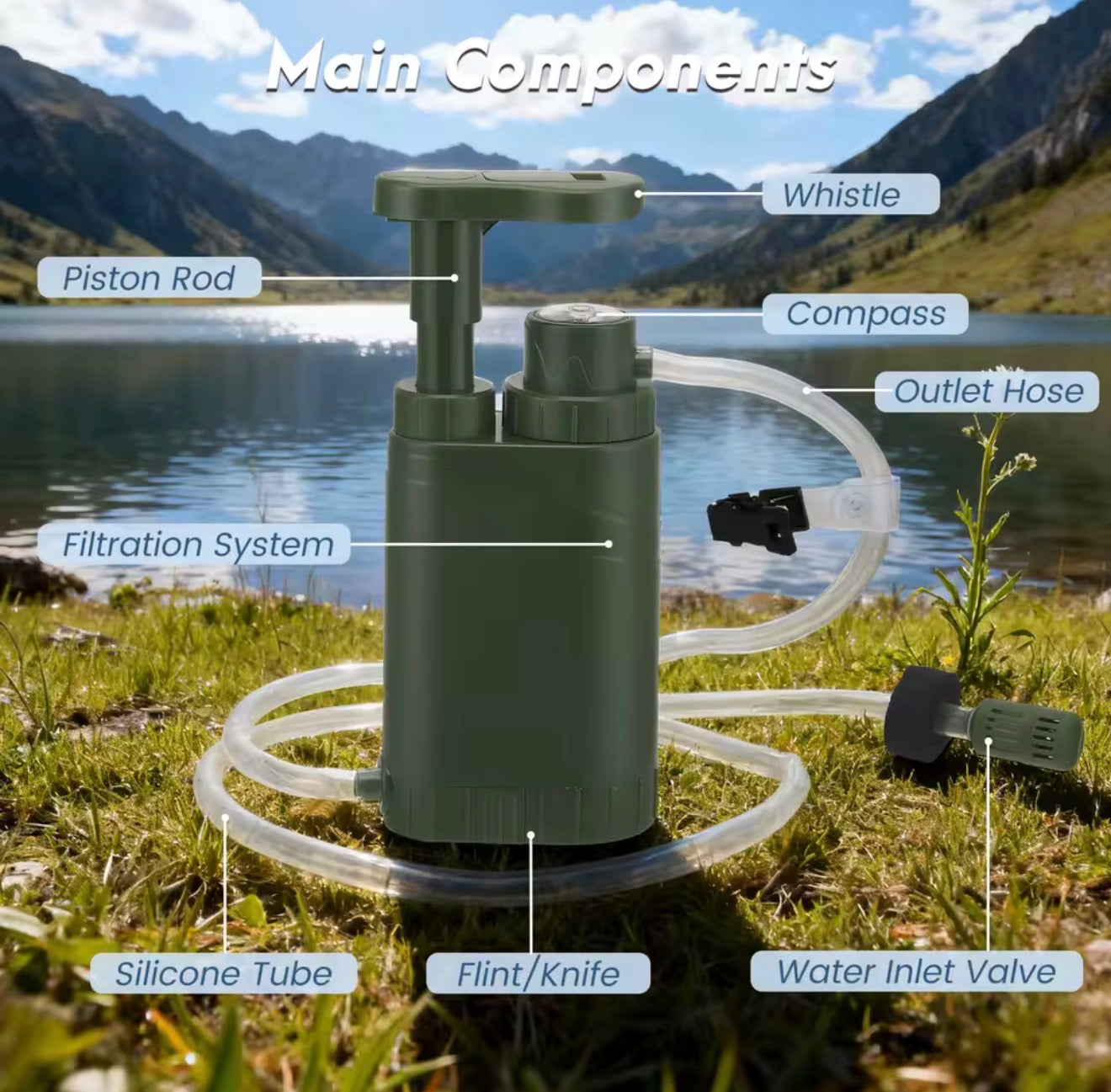 Purificador de Agua Portátil de Supervivencia – Filtro de Agua de Emergencia con Bomba Manual