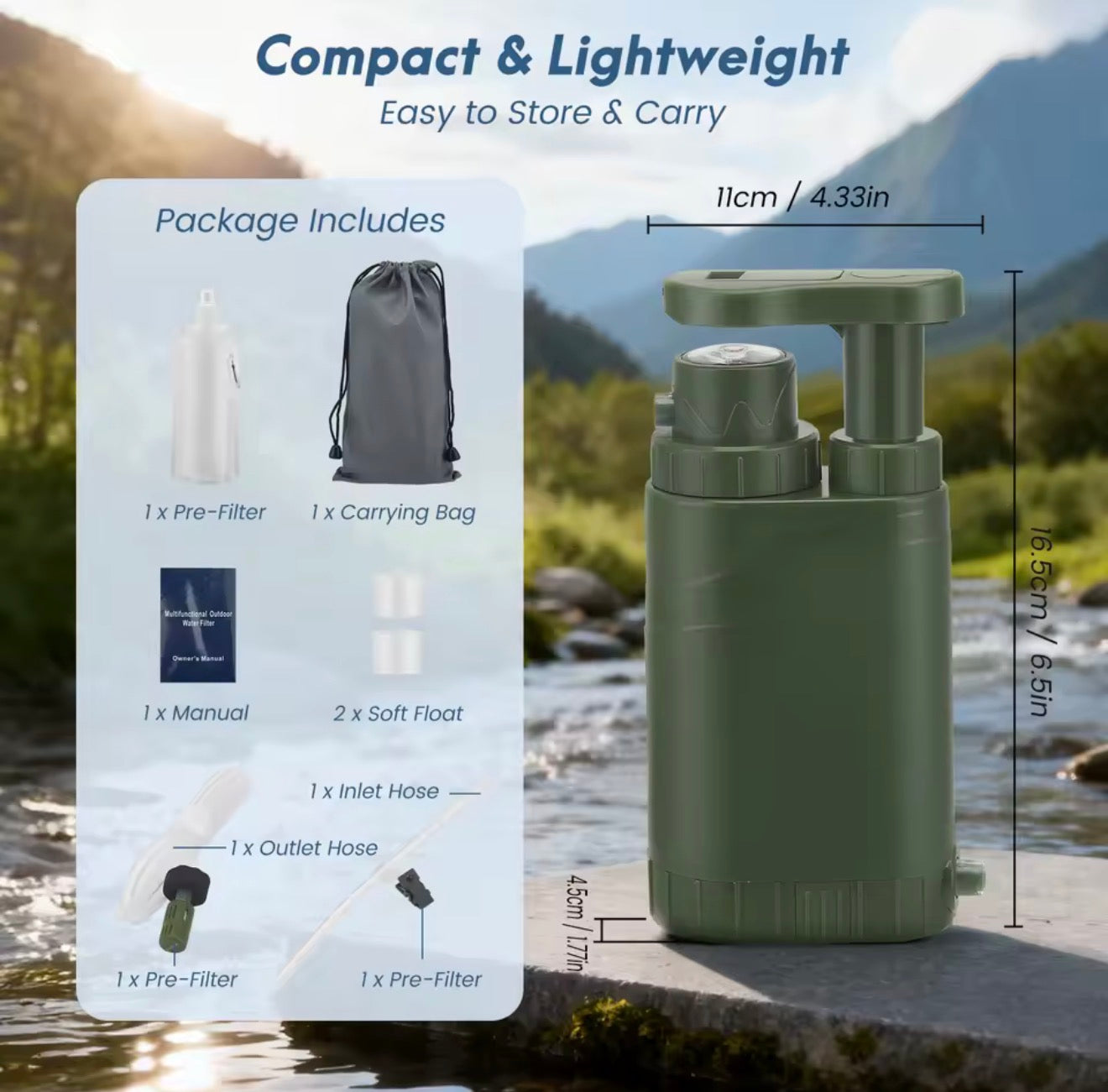 Purificador de Agua Portátil de Supervivencia – Filtro de Agua de Emergencia con Bomba Manual