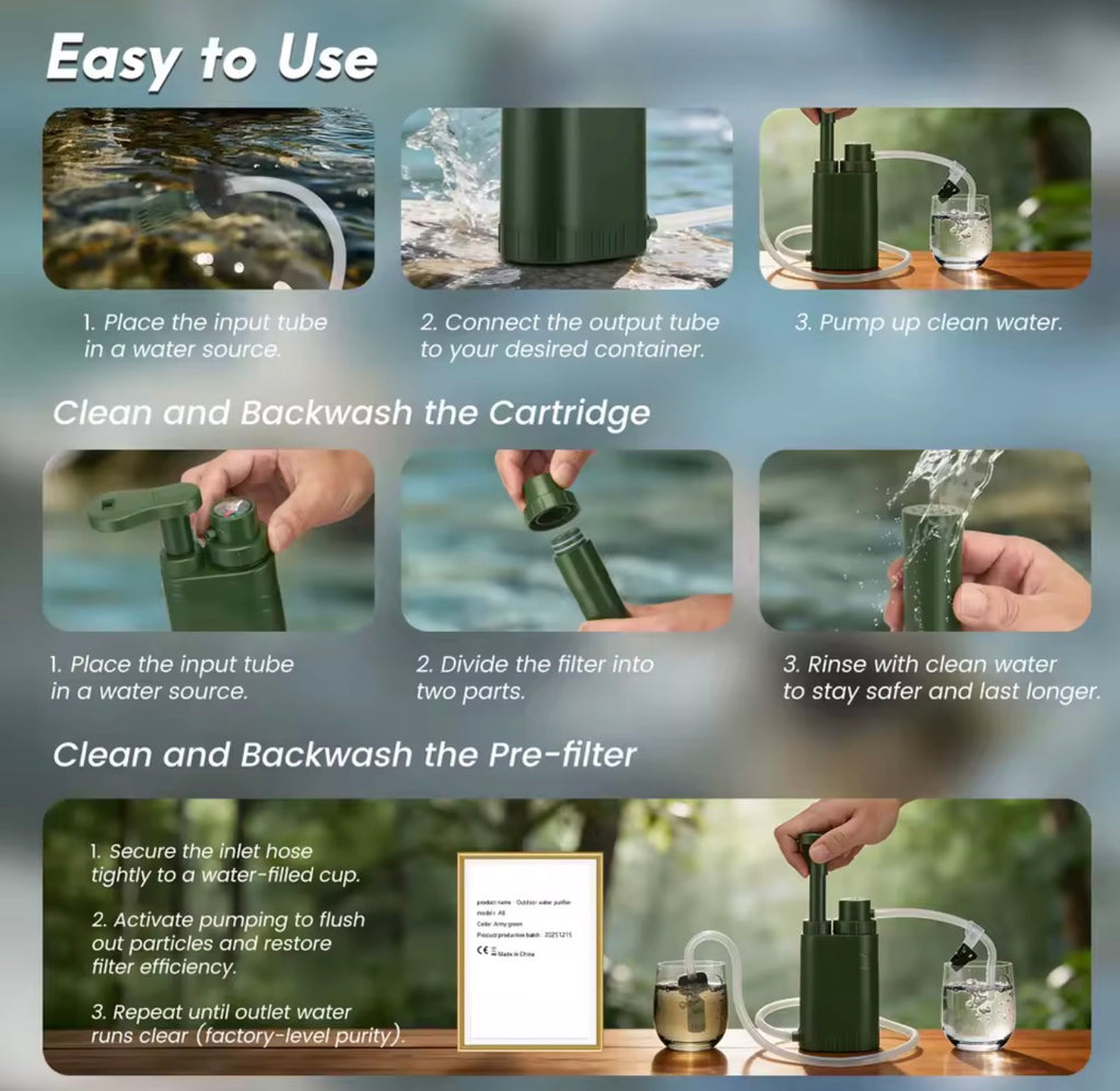 Purificador de Agua Portátil de Supervivencia – Filtro de Agua de Emergencia con Bomba Manual
