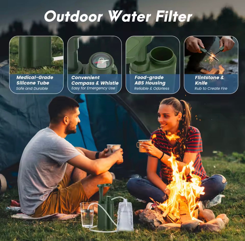 Purificador de Agua Portátil de Supervivencia – Filtro de Agua de Emergencia con Bomba Manual